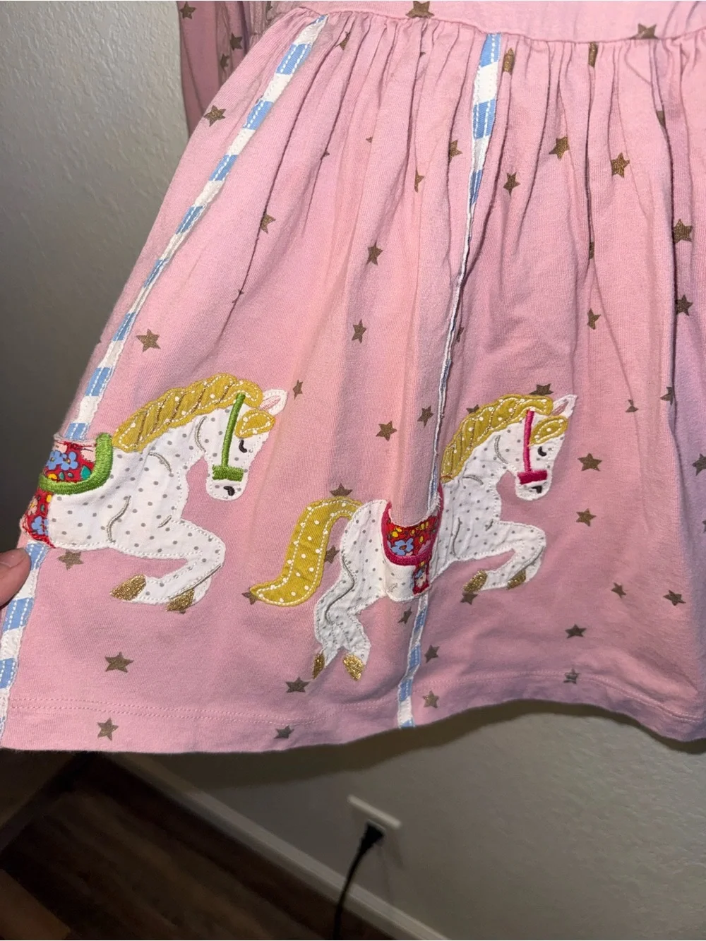 Mini Boden Carousel Appliqué Pink Star Print Long Sleeve Summer Dress Size 5/6Y